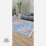 کاربرد فرشینه آبی نارنجی مدرن جنس مخمل تُرک استُپ دار ابعاد سفارشی