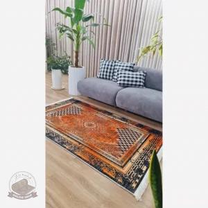 فرش وینتیج مخمل نارنجی مشکی h482 استُپ دار ( ضد سُر )