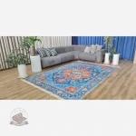 بهترین قیمت فرشینه آبی نارنجی مدرن جنس مخمل تُرک استُپ دار ابعاد سفارشی