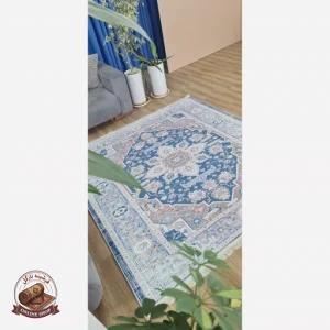 فرشینه طوسی آبی مدرن جنس مخمل تُرک استُپ دار ابعاد دلخواه