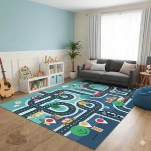 فرشینه اتاق کودک جنس مخمل طرح جاده استُپ دار( ابعاد سفارشی)