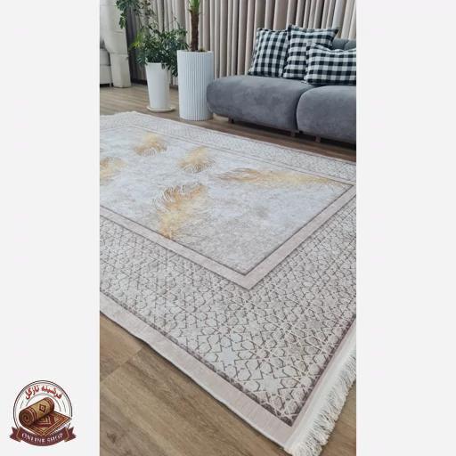 جزئیات فرشینه مخمل مدرن طرح پَر طلایی استُپ دار (ابعاد سفارشی) h406