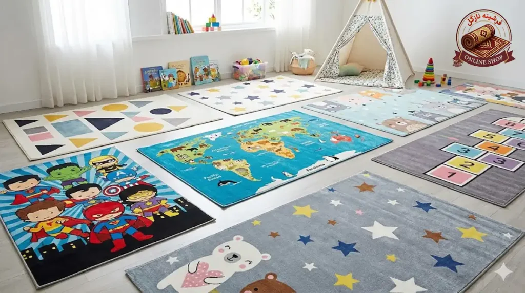 معرفی انواع فرشینه کودک بر اساس طرح؛ از شخصیت‌های کارتونی تا طرح‌های آموزشیف فرشینه نازگل