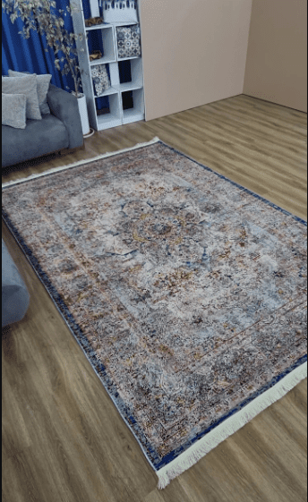 فرشینه مدرن طرح وینتیج طوسی-آبی | فرش سالن پذیرایی و اتاق خواب کد u471