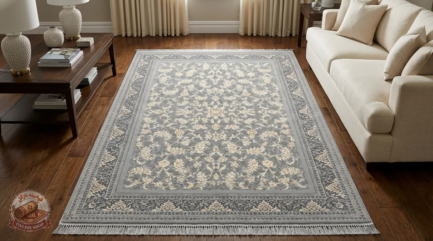 فرشینه طرح سنتی نقره‌ای طوسی زمینه روشن