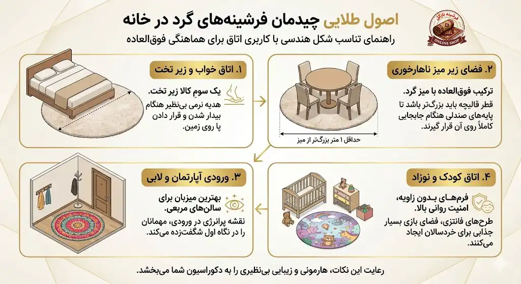 اصول طلایی چیدمان فرم‌های دایره‌ای در بخش‌های مختلف خانهف فرشینه نازگل