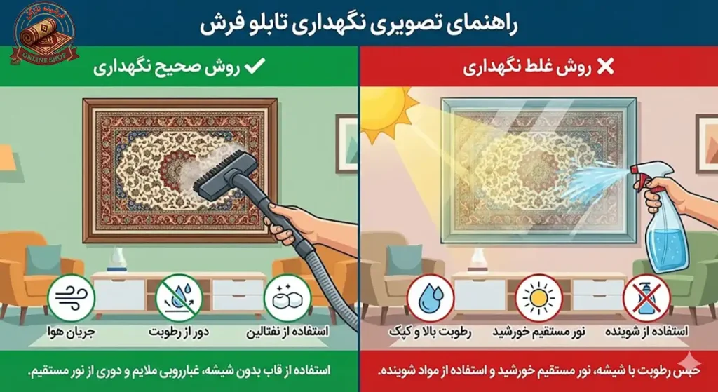 راهنمای جامع و اصولی نحوه نگهداری تابلو فرش + نکات طلایی افزایش طول عمر، فرشینه نازگل