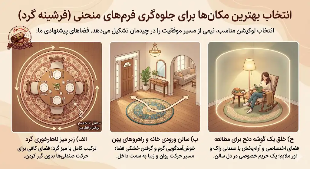 انتخاب بهترین مکان‌ها برای جلوه‌گری فرم‌های منحنیف فرشینه نازگل