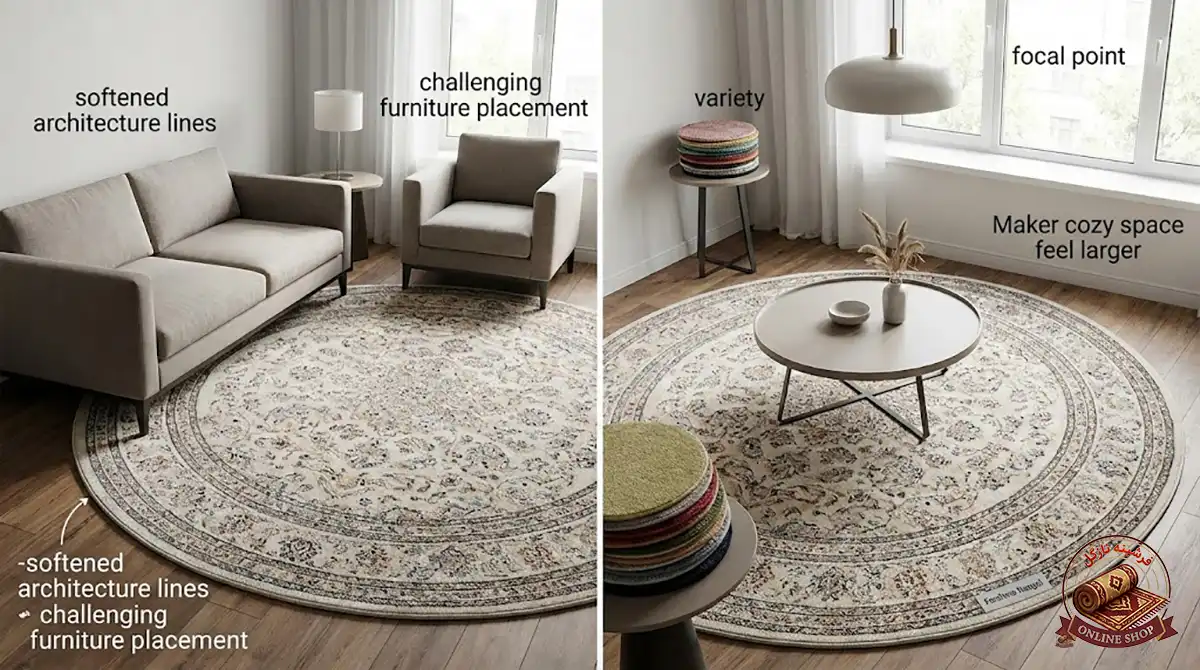 مزایا و معایب فرشینه دایره ای؛ چرا فرش گرد انتخاب هوشمندانه‌ای است، فرشینه نازگل