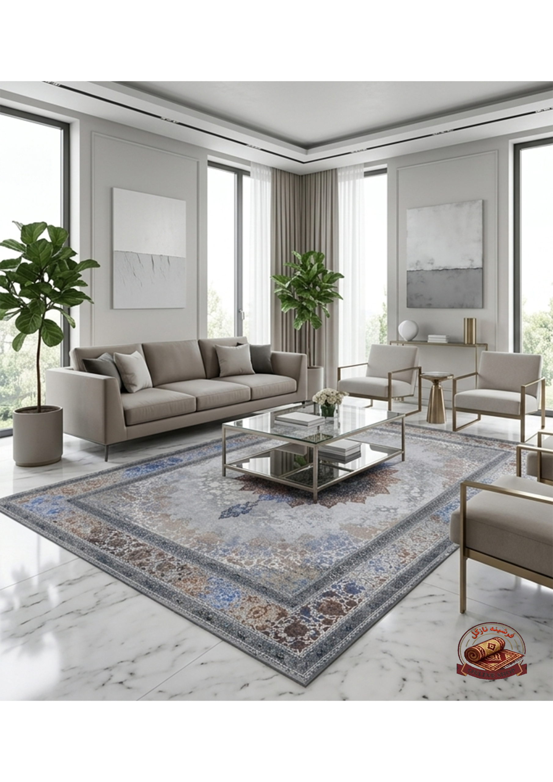 فرش مدرن | فرشینه رنگ زمینه طوسی | رویه نرم و لطیف | کد l527