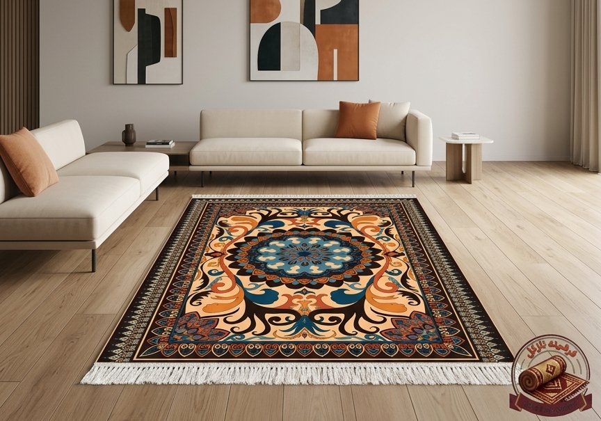 فرشینه مخمل طرح ابریشم مدل سنتی ترکیب سرمهای و نارنجی کد A050