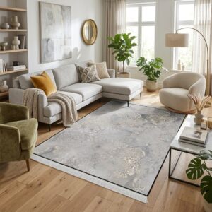 فرشینه وینتج طوسی طلایی طرح گل داماسک BAs-7261